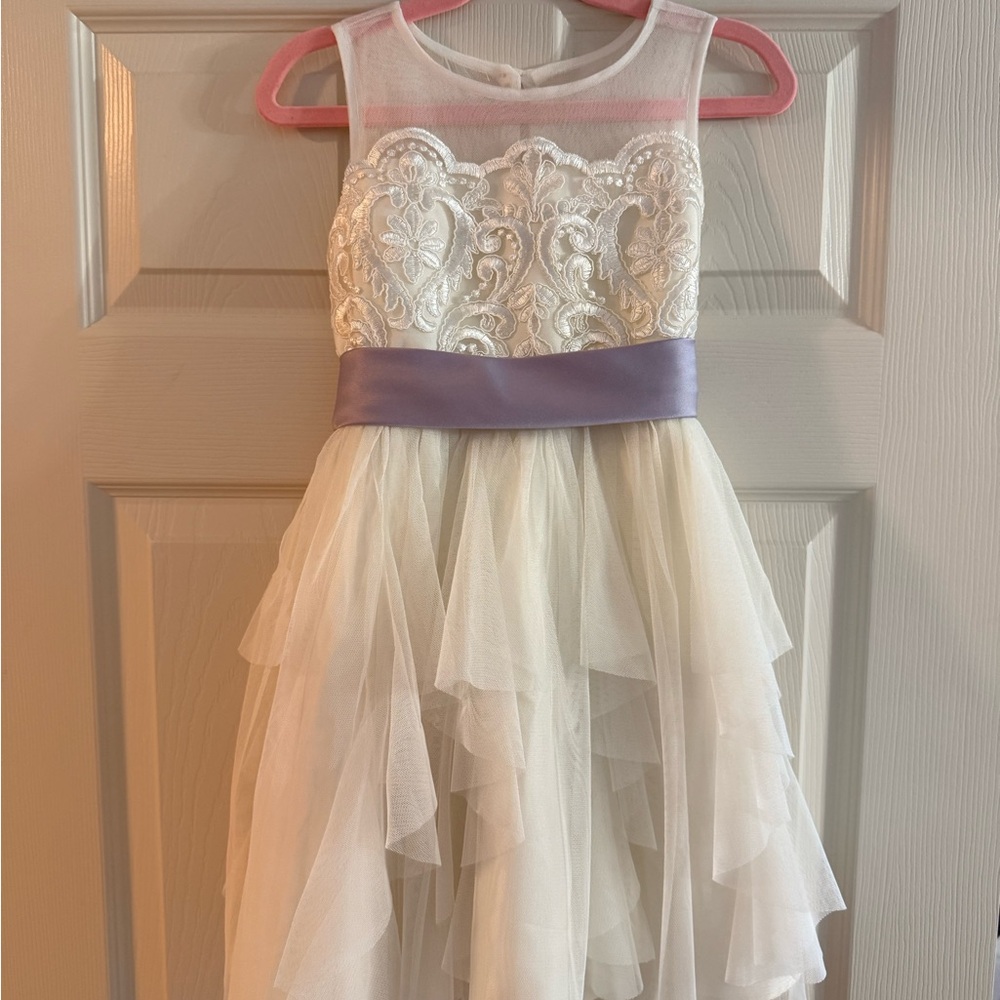 Flower Girl Dress - Ivory with lilac bow